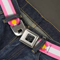 BD Wings Logo CLOSE-UP Black/Silver Seatbelt Belt - Colorado Flags5 Repeat Light Pink/White/Pink/Yellow Webbing