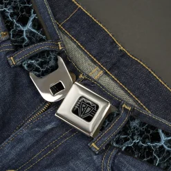BD Wings Logo CLOSE-UP Black/Silver Seatbelt Belt - Marble Black/Baby Blue Webbing