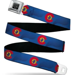 BD Wings Logo CLOSE-UP Black/Silver Seatbelt Belt - Colorado Skier3 Blues/Red/Yellow Webbing