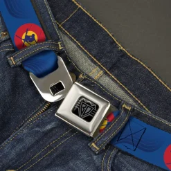 BD Wings Logo CLOSE-UP Black/Silver Seatbelt Belt - Colorado Skier3 Blues/Red/Yellow Webbing