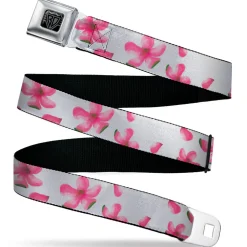 BD Wings Logo CLOSE-UP Black/Silver Seatbelt Belt - Flowers/Petals Scattered White/Pinks Webbing