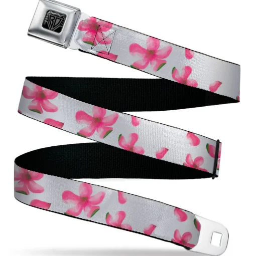 BD Wings Logo CLOSE-UP Black/Silver Seatbelt Belt - Flowers/Petals Scattered White/Pinks Webbing
