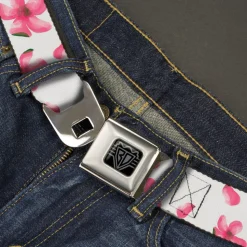 BD Wings Logo CLOSE-UP Black/Silver Seatbelt Belt - Flowers/Petals Scattered White/Pinks Webbing