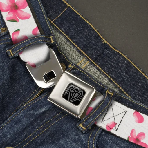 BD Wings Logo CLOSE-UP Black/Silver Seatbelt Belt - Flowers/Petals Scattered White/Pinks Webbing