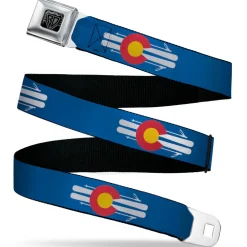 BD Wings Logo CLOSE-UP Black/Silver Seatbelt Belt - Colorado Logo/Skis Blue/White/Red/Yellow Webbing