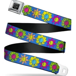 BD Wings Logo CLOSE-UP Black/Silver Seatbelt Belt - Funky Flower Drip Blue/Multi Color Webbing
