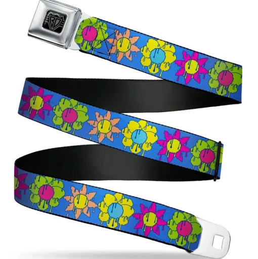 BD Wings Logo CLOSE-UP Black/Silver Seatbelt Belt - Funky Flower Drip Blue/Multi Color Webbing