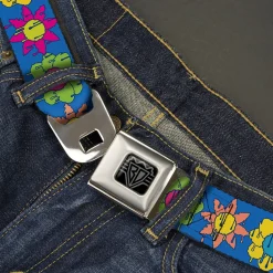 BD Wings Logo CLOSE-UP Black/Silver Seatbelt Belt - Funky Flower Drip Blue/Multi Color Webbing