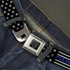 BD Wings Logo CLOSE-UP Black/Silver Seatbelt Belt - FAFO FUCK AROUND AND FIND OUT Thin Blue Line Flag Webbing