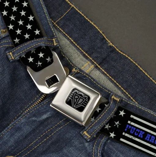 BD Wings Logo CLOSE-UP Black/Silver Seatbelt Belt - FAFO FUCK AROUND AND FIND OUT Thin Blue Line Flag Webbing