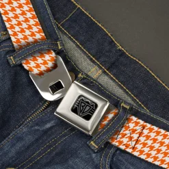 BD Wings Logo CLOSE-UP Black/Silver Seatbelt Belt - Houndstooth Orange/White Webbing