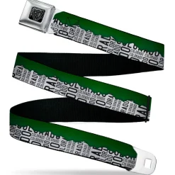 BD Wings Logo CLOSE-UP Black/Silver Seatbelt Belt - Colorado Mountains Green/White/Black Text Webbing
