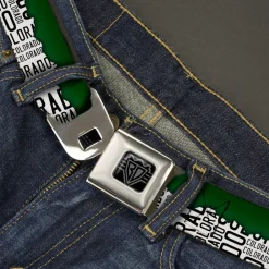 BD Wings Logo CLOSE-UP Black/Silver Seatbelt Belt - Colorado Mountains Green/White/Black Text Webbing
