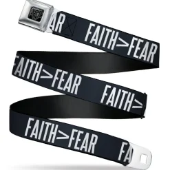 BD Wings Logo CLOSE-UP Black/Silver Seatbelt Belt - FAITH Greater Than FEAR Navy Blue/White Webbing