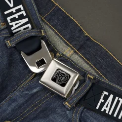 BD Wings Logo CLOSE-UP Black/Silver Seatbelt Belt - FAITH Greater Than FEAR Navy Blue/White Webbing