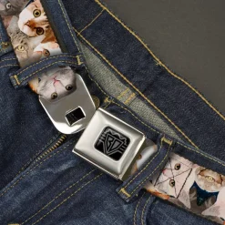 BD Wings Logo CLOSE-UP Black/Silver Seatbelt Belt - Cat Faces Stacked Webbing