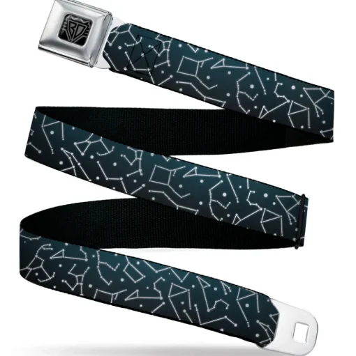 BD Wings Logo CLOSE-UP Black/Silver Seatbelt Belt - Constellations Scattered Midnight Blue/White Webbing