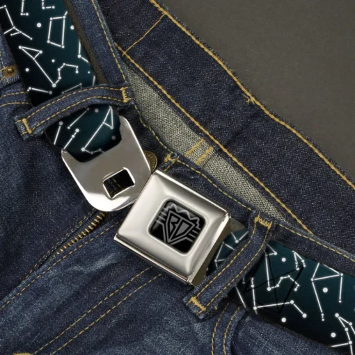 BD Wings Logo CLOSE-UP Black/Silver Seatbelt Belt - Constellations Scattered Midnight Blue/White Webbing