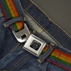 BD Wings Logo CLOSE-UP Black/Silver Seatbelt Belt - Burlap Texture Rainbow Webbing