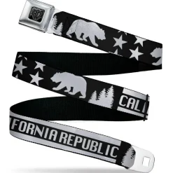 BD Wings Logo CLOSE-UP Black/Silver Seatbelt Belt - CALIFORNIA REPUBLIC/Bear/Stars Silhouette Black/White Webbing