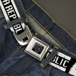 BD Wings Logo CLOSE-UP Black/Silver Seatbelt Belt - CALIFORNIA REPUBLIC/Bear/Stars Silhouette Black/White Webbing
