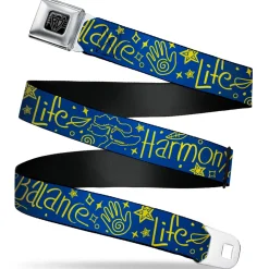 BD Wings Logo CLOSE-UP Black/Silver Seatbelt Belt - HARMONY BALANCE LIFE Icons Collage Blue/Yellow Webbing