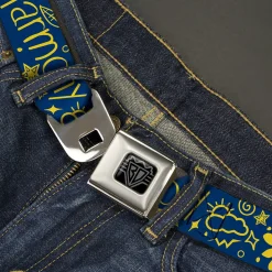 BD Wings Logo CLOSE-UP Black/Silver Seatbelt Belt - HARMONY BALANCE LIFE Icons Collage Blue/Yellow Webbing