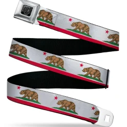 BD Wings Logo CLOSE-UP Black/Silver Seatbelt Belt - California Flag White w/Stripe Webbing