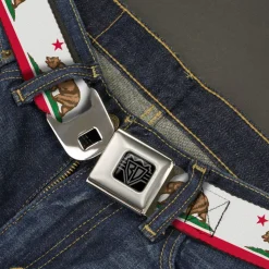 BD Wings Logo CLOSE-UP Black/Silver Seatbelt Belt - California Flag White w/Stripe Webbing