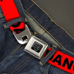 BD Wings Logo CLOSE-UP Black/Silver Seatbelt Belt - DANGER Text Red/Black Webbing