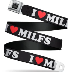 BD Wings Logo CLOSE-UP Black/Silver Seatbelt Belt - I "HEART" MILFS Black/White/Red Webbing