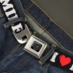 BD Wings Logo CLOSE-UP Black/Silver Seatbelt Belt - I "HEART" MILFS Black/White/Red Webbing