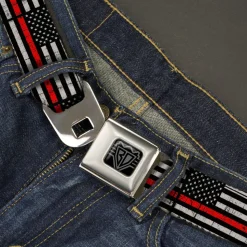 BD Wings Logo CLOSE-UP Black/Silver Seatbelt Belt - Thin Red Line Flag Weathered Black/Gray/Red Webbing