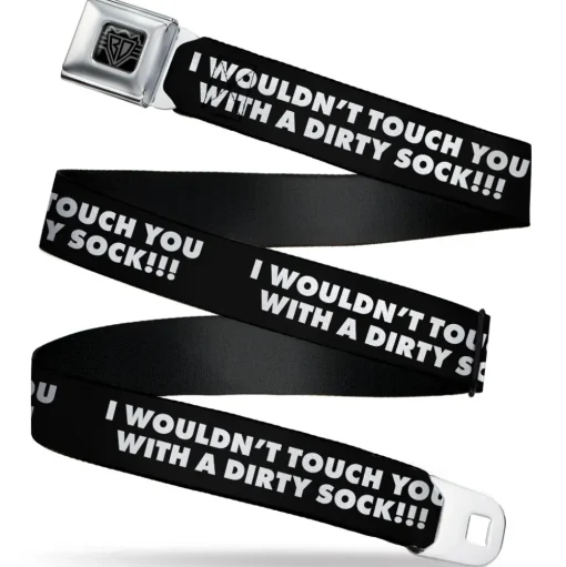 BD Wings Logo CLOSE-UP Black/Silver Seatbelt Belt - I WOULDN'T TOUCH YOU WITH A DIRTY SOCK!!! Black/White Webbing