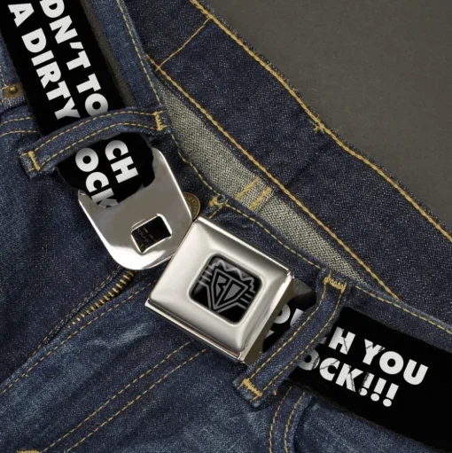 BD Wings Logo CLOSE-UP Black/Silver Seatbelt Belt - I WOULDN'T TOUCH YOU WITH A DIRTY SOCK!!! Black/White Webbing