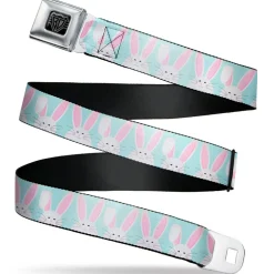 BD Wings Logo CLOSE-UP Black/Silver Seatbelt Belt - Easter Bunnies Smiling Sky Blue Webbing