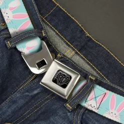 BD Wings Logo CLOSE-UP Black/Silver Seatbelt Belt - Easter Bunnies Smiling Sky Blue Webbing