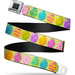 BD Wings Logo CLOSE-UP Black/Silver Seatbelt Belt - Easter Eggs Decorated Eggs Yellow/Multi Color Webbing