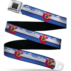 BD Wings Logo CLOSE-UP Black/Silver Seatbelt Belt - Colorado Skier4/Mountains Blues/White/Red/Yellow Webbing