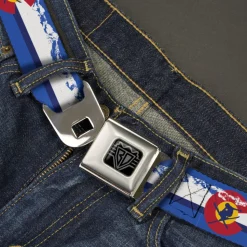 BD Wings Logo CLOSE-UP Black/Silver Seatbelt Belt - Colorado Skier4/Mountains Blues/White/Red/Yellow Webbing