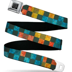 BD Wings Logo CLOSE-UP Black/Silver Seatbelt Belt - Checkers Distressed Multi Color/Black Webbing