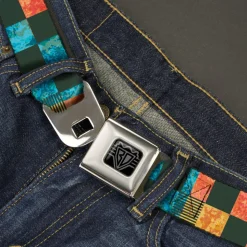 BD Wings Logo CLOSE-UP Black/Silver Seatbelt Belt - Checkers Distressed Multi Color/Black Webbing