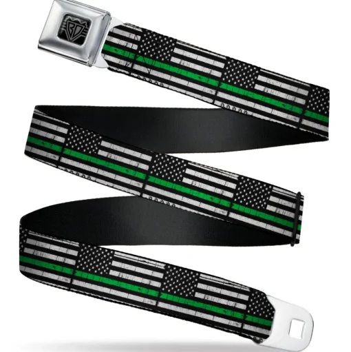 BD Wings Logo CLOSE-UP Black/Silver Seatbelt Belt - Thin Green Line Flag Weathered Black/Gray/Green Webbing