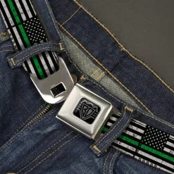 BD Wings Logo CLOSE-UP Black/Silver Seatbelt Belt - Thin Green Line Flag Weathered Black/Gray/Green Webbing