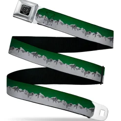 BD Wings Logo CLOSE-UP Black/Silver Seatbelt Belt - Colorado Mountains Green/Grays Webbing