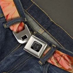 BD Wings Logo CLOSE-UP Black/Silver Seatbelt Belt - Floral Collage3 Black/Multi Color Webbing