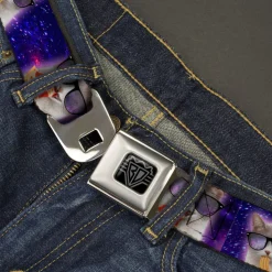 BD Wings Logo CLOSE-UP Black/Silver Seatbelt Belt - Hungry Cat in Space Purples Webbing