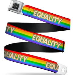 BD Wings Logo CLOSE-UP Black/Silver Seatbelt Belt - EQUALITY/Stripe Rainbow/White Webbing