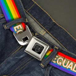 BD Wings Logo CLOSE-UP Black/Silver Seatbelt Belt - EQUALITY/Stripe Rainbow/White Webbing