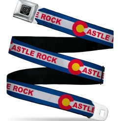 BD Wings Logo CLOSE-UP Black/Silver Seatbelt Belt - Colorado CASTLE ROCK Flag Blue/White/Red/Yellows Webbing